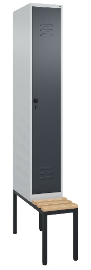 C+P Spind Classic PLUS 0800507-20f mit Trennwand +Sitzbank 2 Abt.300mm Drehriegel (HxBxT) 2120x600x815mm 7035/0024