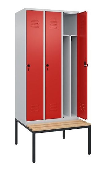 C+P Spind Classic PLUS 0800507-20f mit Trennwand +Sitzbank 2 Abt.300mm Drehriegel (HxBxT) 2120x600x815mm 7035/0024