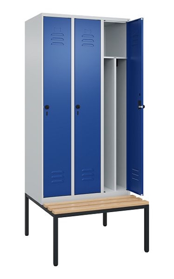 C+P Spind Classic PLUS 0800507-20f mit Trennwand +Sitzbank 2 Abt.300mm Drehriegel (HxBxT) 2120x600x815mm 7035/0024