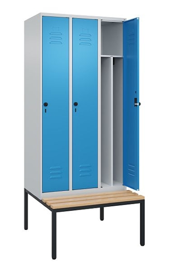 C+P Spind Classic PLUS 0800507-20f mit Trennwand +Sitzbank 2 Abt.300mm Drehriegel (HxBxT) 2120x600x815mm 7035/0024