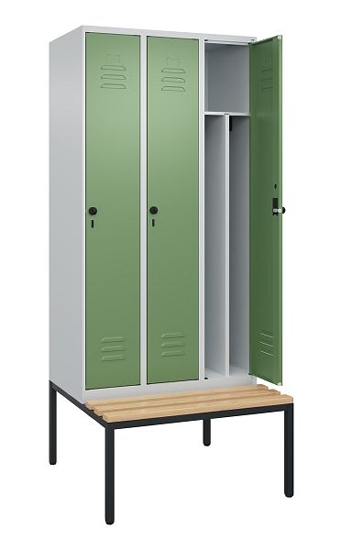 C+P Spind Classic PLUS 0800507-20f mit Trennwand +Sitzbank 2 Abt.300mm Drehriegel (HxBxT) 2120x600x815mm 7035/0024