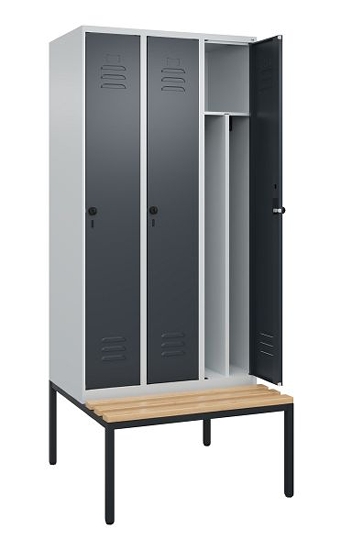 C+P Spind Classic PLUS 0800507-20f mit Trennwand +Sitzbank 2 Abt.300mm Drehriegel (HxBxT) 2120x600x815mm 7035/0024