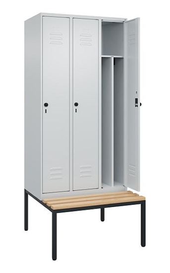 C+P Spind Classic PLUS 0800507-20f mit Trennwand +Sitzbank 2 Abt.300mm Drehriegel (HxBxT) 2120x600x815mm 7035/0024