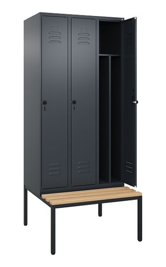 C+P Spind Classic PLUS 0800507-20f mit Trennwand +Sitzbank 2 Abt.300mm Drehriegel (HxBxT) 2120x600x815mm 7035/0024