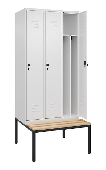 C+P Spind Classic PLUS 0800507-20f mit Trennwand +Sitzbank 2 Abt.300mm Drehriegel (HxBxT) 2120x600x815mm 7035/0024