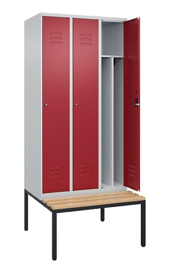 C+P Spind Classic PLUS 0800507-20f mit Trennwand +Sitzbank 2 Abt.300mm Drehriegel (HxBxT) 2120x600x815mm 7035/0024
