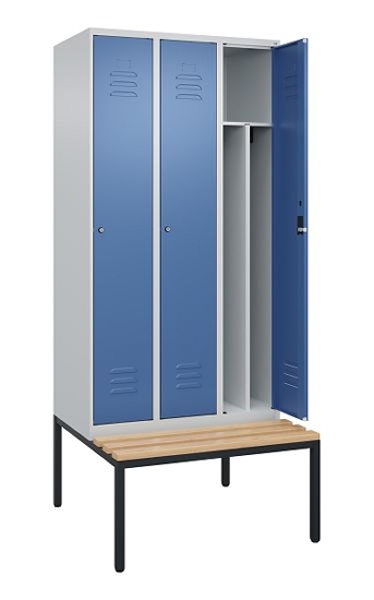 C+P Spind Classic PLUS 0800507-20f mit Trennwand +Sitzbank 2 Abt.300mm Drehriegel (HxBxT) 2120x600x815mm 7035/0024