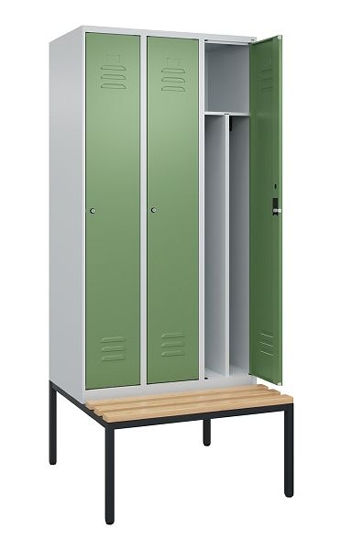 C+P Spind Classic PLUS 0800507-20f mit Trennwand +Sitzbank 2 Abt.300mm Drehriegel (HxBxT) 2120x600x815mm 7035/0024