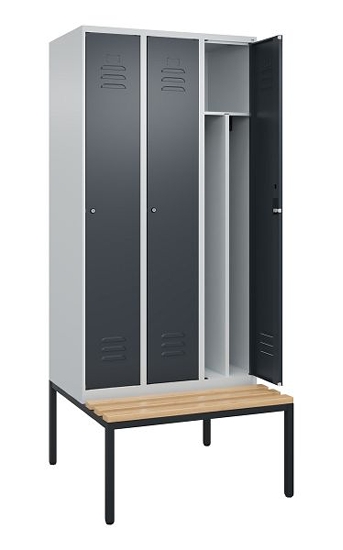 C+P Spind Classic PLUS 0800507-20f mit Trennwand +Sitzbank 2 Abt.300mm Drehriegel (HxBxT) 2120x600x815mm 7035/0024