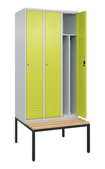 C+P Spind Classic PLUS 0800507-20f mit Trennwand +Sitzbank 2 Abt.300mm Drehriegel (HxBxT) 2120x600x815mm 7035/0024
