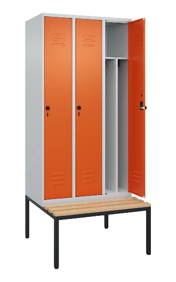 C+P Spind Classic PLUS 0800507-20f mit Trennwand +Sitzbank 2 Abt.300mm Drehriegel (HxBxT) 2120x600x815mm 7035/0024