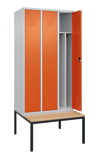C+P Spind Classic PLUS 0800507-20f mit Trennwand +Sitzbank 2 Abt.300mm Drehriegel (HxBxT) 2120x600x815mm 7035/0024