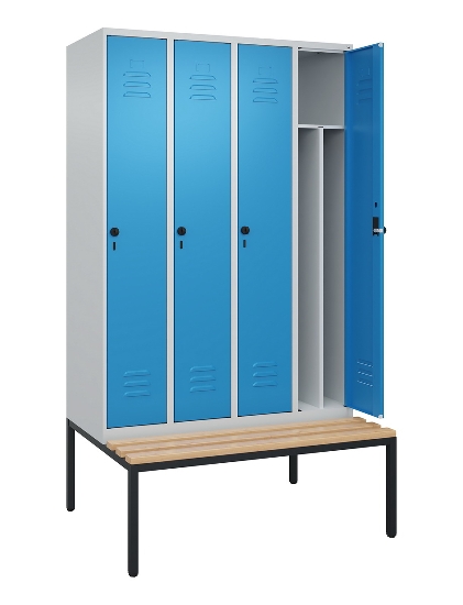 C+P Spind Classic PLUS 0800507-20f mit Trennwand +Sitzbank 2 Abt.300mm Drehriegel (HxBxT) 2120x600x815mm 7035/0024