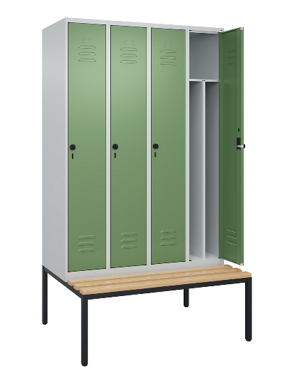 C+P Spind Classic PLUS 0800507-20f mit Trennwand +Sitzbank 2 Abt.300mm Drehriegel (HxBxT) 2120x600x815mm 7035/0024