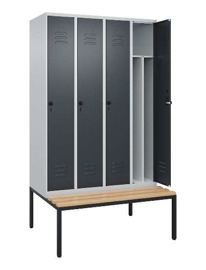 C+P Spind Classic PLUS 0800507-20f mit Trennwand +Sitzbank 2 Abt.300mm Drehriegel (HxBxT) 2120x600x815mm 7035/0024