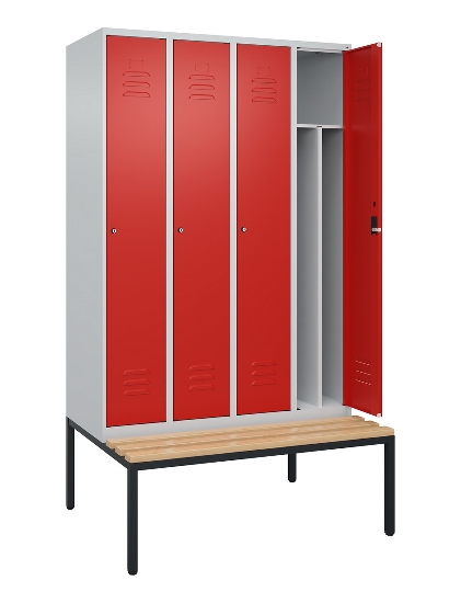 C+P Spind Classic PLUS 0800507-20f mit Trennwand +Sitzbank 2 Abt.300mm Drehriegel (HxBxT) 2120x600x815mm 7035/0024