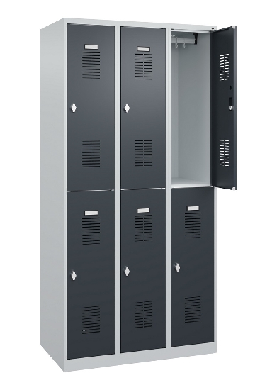 C+P Doppelstöckiger Spind Basis PLUS 088355-30 3 Abt. 300mm Zylinderschloss (HxBxT) 1850x900x500mm 7035/7016