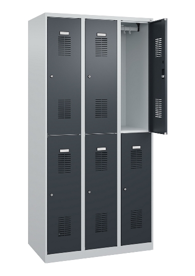 C+P Doppelstöckiger Spind Basis PLUS 088355-30 3 Abt. 300mm Zylinderschloss (HxBxT) 1850x900x500mm 7035/7016