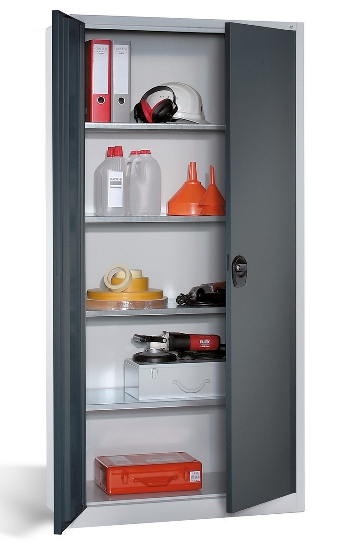 C+P Flügeltürenschrank Basis PLUS 130287-300 Fachböden verzinkt Griffschale mit Zylinderschloss (HxBxT) 1950x930x400mm 7035/5012
