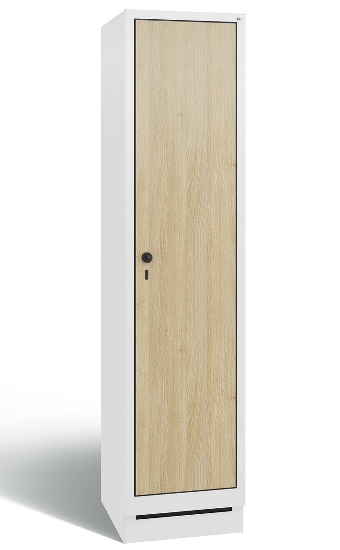 C+P Garderobenschrank Evolo48 3-Abteile 300mm breit mit Füßen (HxBxT) 1850x900x500mm Verkehrsweiß/HPL Eiche