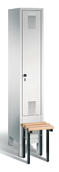 C+P Garderobenschrank Evolo48 1-Abteil 300mm vorgebaute Bank (HxBxT) 1850x320x500/815mm Lichtgrau/Viridingrün