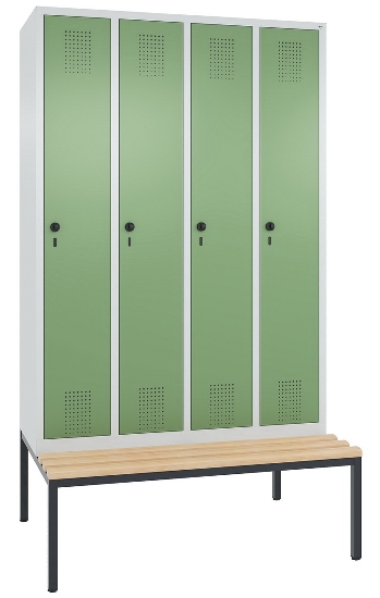 C+P Garderobenschrank Evolo48 2-Abteile 400mm untergeb. Bank (HxBxT) 2090x810x500/815mm 7035/6011