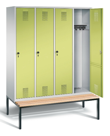 C+P Garderobenschrank Evolo48 3-Abteile 300mm untergeb. Bank (HxBxT) 2090x900x500/815mm Lichtgrau/Enzianblau