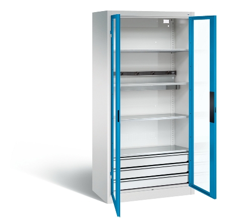 C+P Akkuladeschrank 8921-055E1 Serie 89 BASIC Sichtfenstertüren 3 Schubladen 5 Ladeplätze ERGO-Lock 4.0 (HxBxT) 1950x930x500mm 7035/7016
