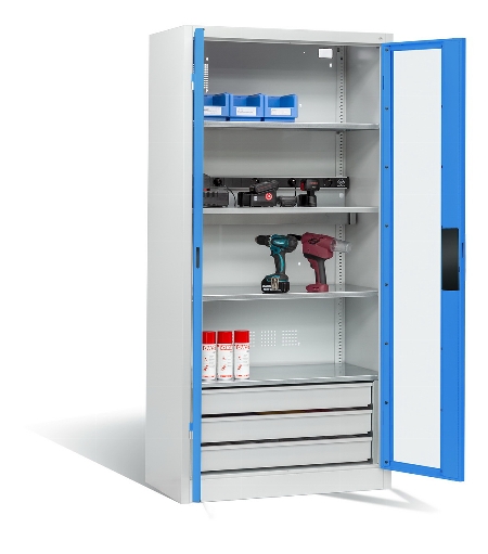 C+P Akkuladeschrank 8921-055E1 Serie 89 BASIC Sichtfenstertüren 3 Schubladen 5 Ladeplätze ERGO-Lock 4.0 (HxBxT) 1950x930x500mm 7035/7016