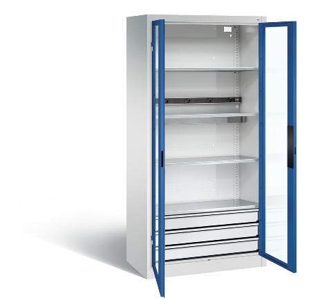 C+P Akkuladeschrank 8921-055E1 Serie 89 BASIC Sichtfenstertüren 3 Schubladen 5 Ladeplätze ERGO-Lock 4.0 (HxBxT) 1950x930x500mm 7035/7016