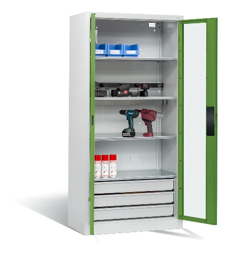 C+P Akkuladeschrank 8921-055E1 Serie 89 BASIC Sichtfenstertüren 3 Schubladen 5 Ladeplätze ERGO-Lock 4.0 (HxBxT) 1950x930x500mm 7035/7016