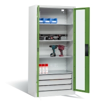 C+P Akkuladeschrank 8921-055E1 Serie 89 BASIC Sichtfenstertüren 3 Schubladen 5 Ladeplätze ERGO-Lock 4.0 (HxBxT) 1950x930x500mm 7035/7016
