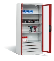 C+P Akkuladeschrank 8921-055E1 Serie 89 BASIC Sichtfenstertüren 3 Schubladen 5 Ladeplätze ERGO-Lock 4.0 (HxBxT) 1950x930x500mm 7035/7016