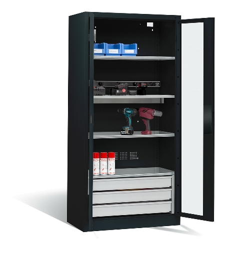 C+P Akkuladeschrank 8921-055E1 Serie 89 BASIC Sichtfenstertüren 3 Schubladen 5 Ladeplätze ERGO-Lock 4.0 (HxBxT) 1950x930x500mm 7035/7016