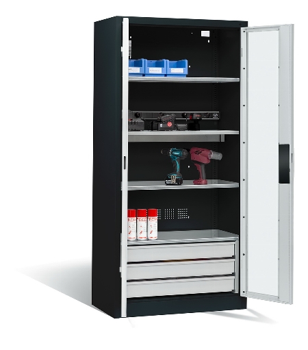 C+P Akkuladeschrank 8921-055E1 Serie 89 BASIC Sichtfenstertüren 3 Schubladen 5 Ladeplätze ERGO-Lock 4.0 (HxBxT) 1950x930x500mm 7035/7016