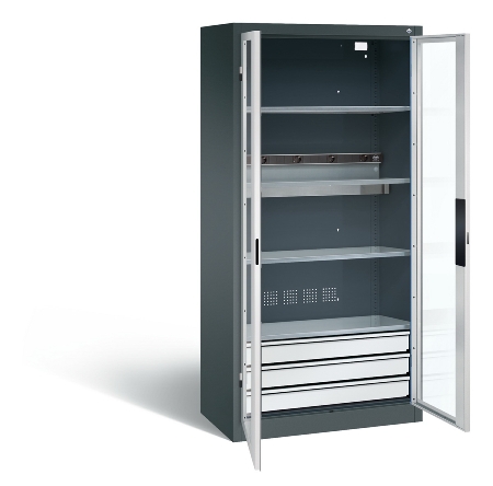 C+P Akkuladeschrank 8921-055E1 Serie 89 BASIC Sichtfenstertüren 3 Schubladen 5 Ladeplätze ERGO-Lock 4.0 (HxBxT) 1950x930x500mm 7035/7016