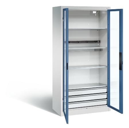C+P Akkuladeschrank 8921-055E1 Serie 89 BASIC Sichtfenstertüren 3 Schubladen 5 Ladeplätze ERGO-Lock 4.0 (HxBxT) 1950x930x500mm 7035/7016