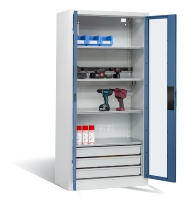 C+P Akkuladeschrank 8921-055E1 Serie 89 BASIC Sichtfenstertüren 3 Schubladen 5 Ladeplätze ERGO-Lock 4.0 (HxBxT) 1950x930x500mm 7035/7016