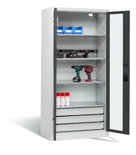 C+P Akkuladeschrank 8921-055E1 Serie 89 BASIC Sichtfenstertüren 3 Schubladen 5 Ladeplätze ERGO-Lock 4.0 (HxBxT) 1950x930x500mm 7035/7016