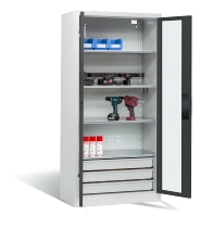 C+P Akkuladeschrank 8921-055E1 Serie 89 BASIC Sichtfenstertüren 3 Schubladen 5 Ladeplätze ERGO-Lock 4.0 (HxBxT) 1950x930x500mm 7035/7016