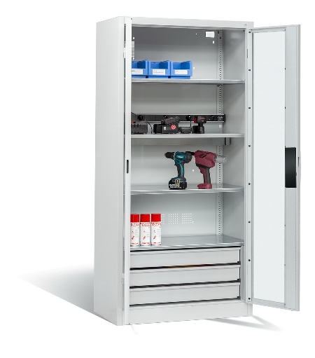 C+P Akkuladeschrank 8921-055E1 Serie 89 BASIC Sichtfenstertüren 3 Schubladen 5 Ladeplätze ERGO-Lock 4.0 (HxBxT) 1950x930x500mm 7035/7016