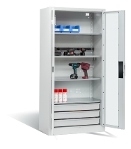 C+P Akkuladeschrank 8921-055E1 Serie 89 BASIC Sichtfenstertüren 3 Schubladen 5 Ladeplätze ERGO-Lock 4.0 (HxBxT) 1950x930x500mm 7035/7016