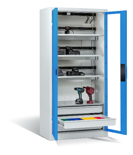 C+P Akkuladeschrank 8921-055E3 Serie 89 COMFORT Sichtfenstertüren 3x5 Ladeplätze ERGO-Lock 4.0 (HxBxT) 1950x930x500mm 7035/5010