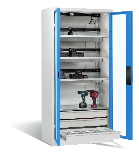 C+P Akkuladeschrank 8921-055E3 Serie 89 COMFORT Sichtfenstertüren 3x5 Ladeplätze ERGO-Lock 4.0 (HxBxT) 1950x930x500mm 7035/5010