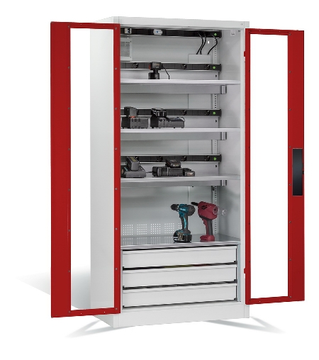 C+P Akkuladeschrank 8921-055E3 Serie 89 COMFORT Sichtfenstertüren 3x5 Ladeplätze ERGO-Lock 4.0 (HxBxT) 1950x930x500mm 7035/5010