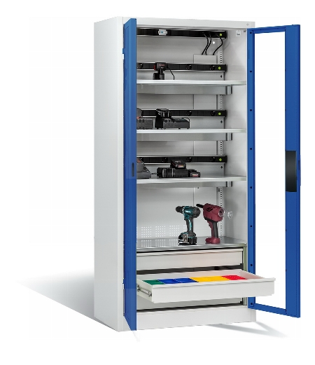 C+P Akkuladeschrank 8921-055E3 Serie 89 COMFORT Sichtfenstertüren 3x5 Ladeplätze ERGO-Lock 4.0 (HxBxT) 1950x930x500mm 7035/5010