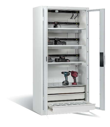 C+P Akkuladeschrank 8921-055E3 Serie 89 COMFORT Sichtfenstertüren 3x5 Ladeplätze ERGO-Lock 4.0 (HxBxT) 1950x930x500mm 7035/5010