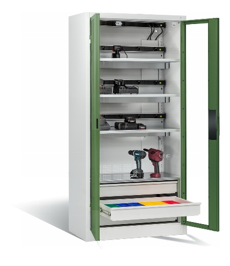 C+P Akkuladeschrank 8921-055E3 Serie 89 COMFORT Sichtfenstertüren 3x5 Ladeplätze ERGO-Lock 4.0 (HxBxT) 1950x930x500mm 7035/5010