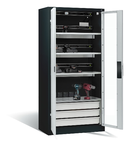 C+P Akkuladeschrank 8921-055E3 Serie 89 COMFORT Sichtfenstertüren 3x5 Ladeplätze ERGO-Lock 4.0 (HxBxT) 1950x930x500mm 7035/5010