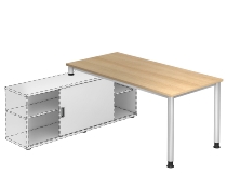 Auflage-Schreibtisch HSE16 Serie H mit 4-Fuß Gestell Rundrohr (BxT) 160x80cm auf Sideboard 1758S Eiche/Silber